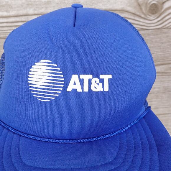 VINTAGE ATT AT&T LOGO VENTED BLUE SNAPBACK TRUCKER HAT CAP - Picture 2 of 8